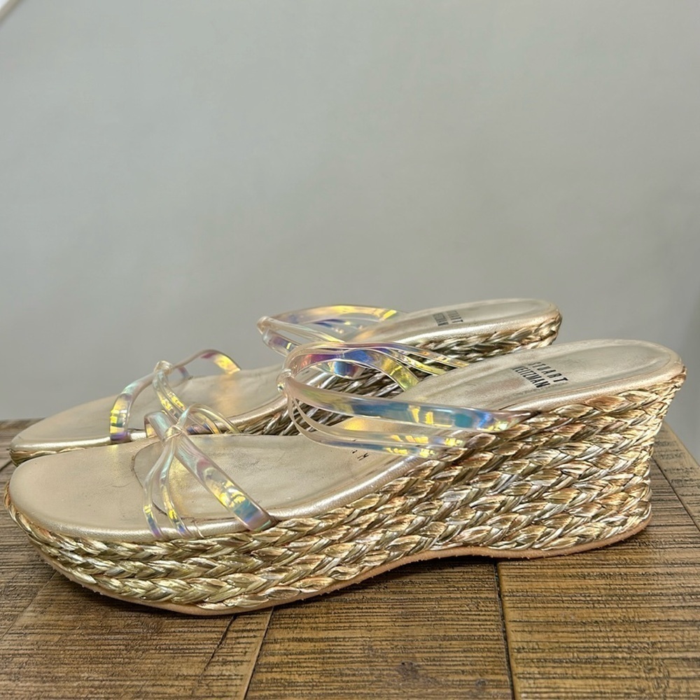 Stuart Weitzman Myopic 50 Wedge Sandals, iridescent straps espadrille wedge, 6.5